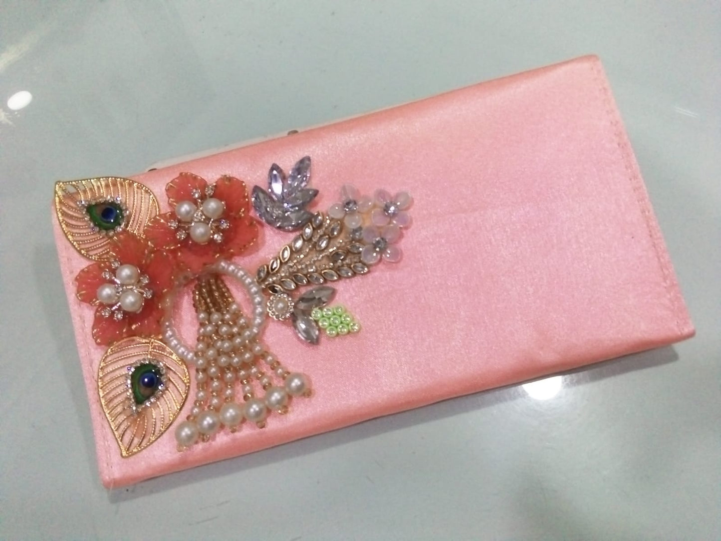 Pastel Peach Satin Festive Clutch with Peacock & Pearl Motifs