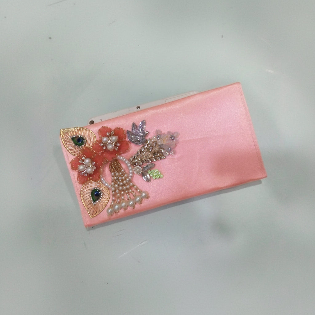 Pastel Peach Satin Festive Clutch with Peacock & Pearl Motifs