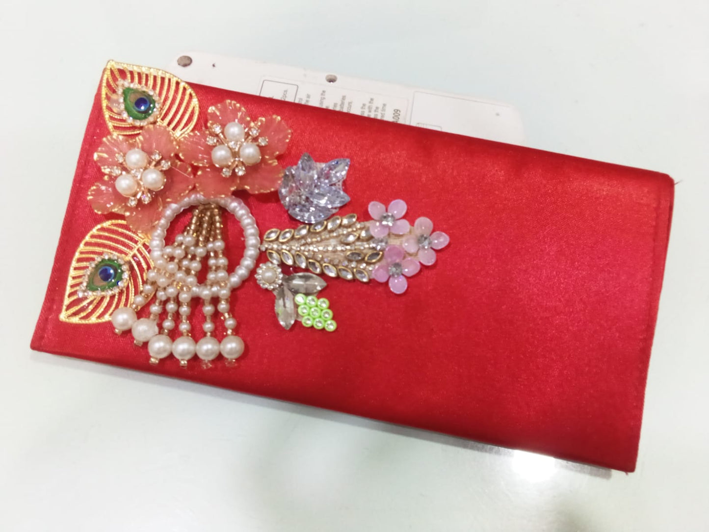 Traditional Red Floral & Crystal Embellished Ethnic Evening clutch