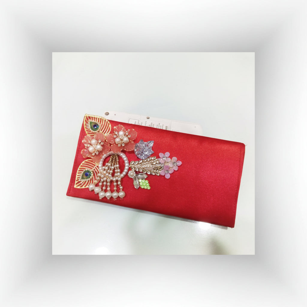 Traditional Red Floral & Crystal Embellished Ethnic Evening clutch