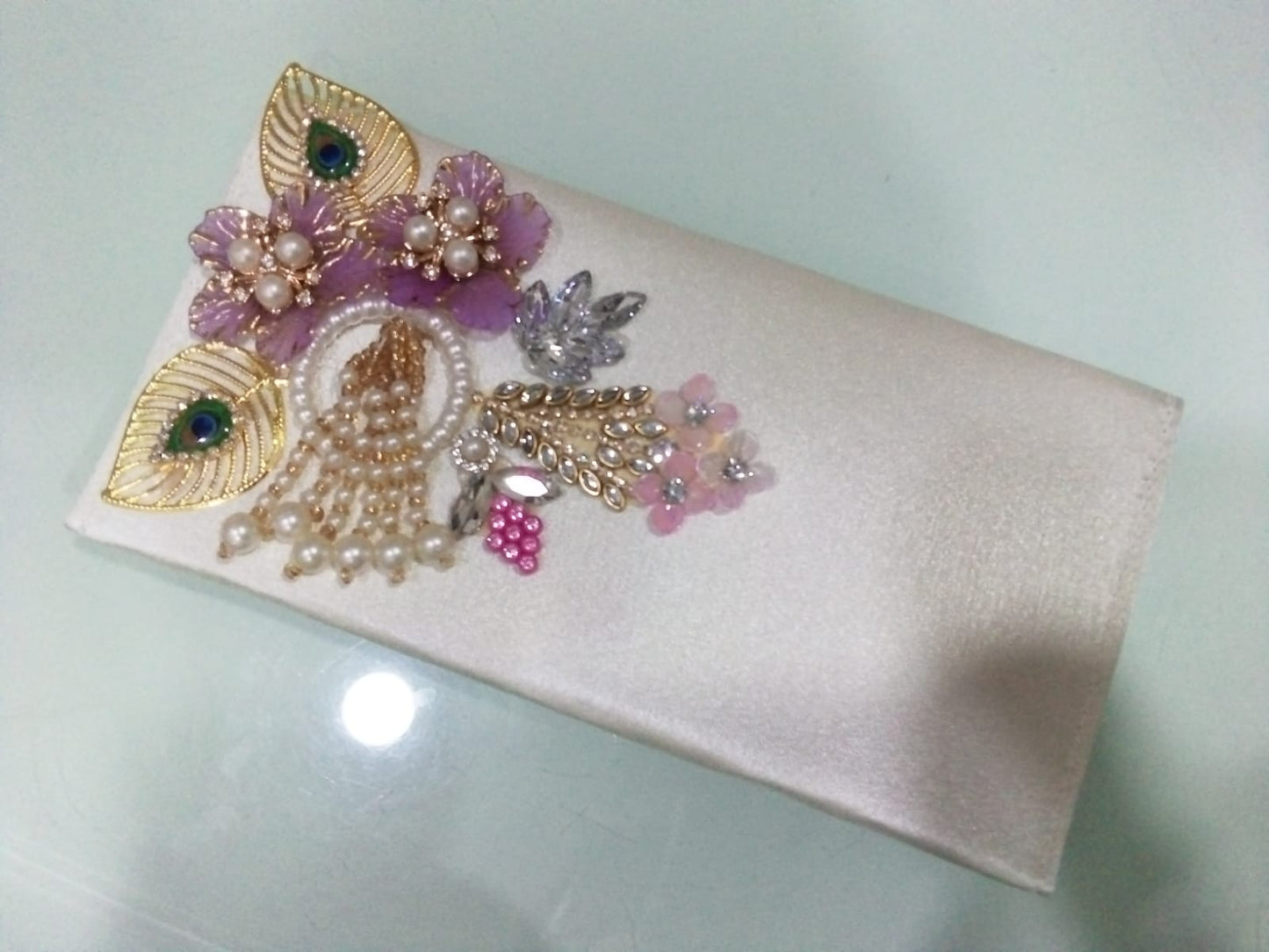 Festive Pink Satin Envelope Pouch with Pearl Tassel