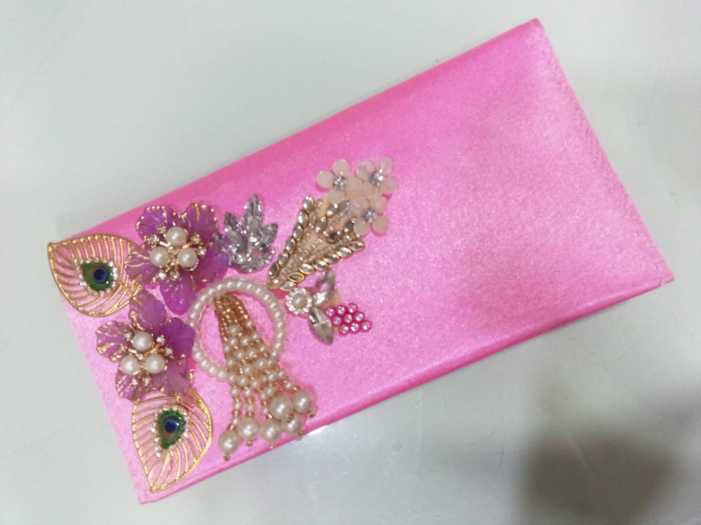 Elegant Peacock-Motif Embroidered Satin Clutch