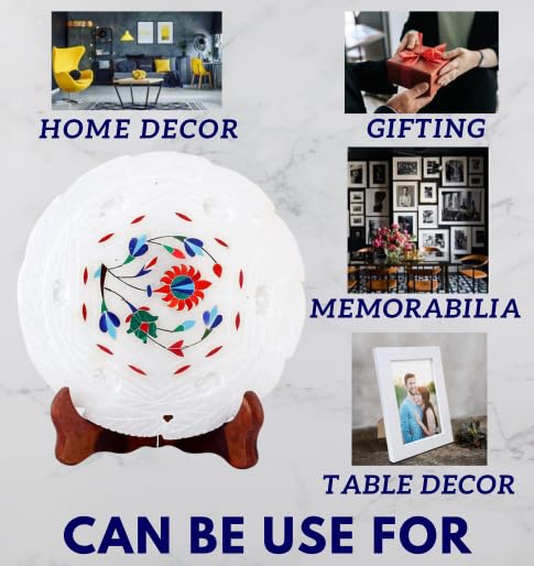 Handmade White Marble Decorative Plate with Wooden Stand 7 inch Decorative Showpiece - 7 cm (Marble, White)