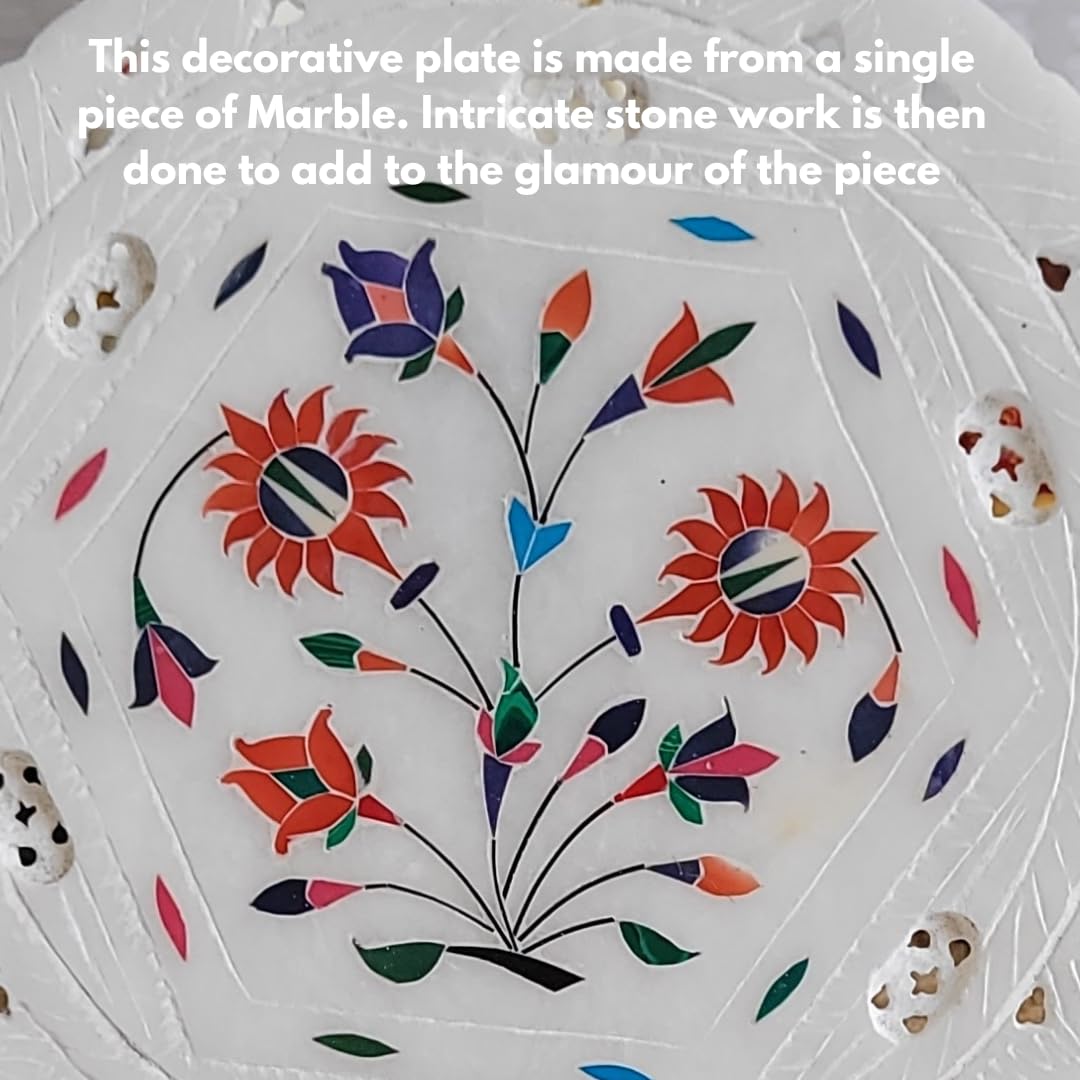 Handmade White Marble Decorative Plate with Wooden Stand 7 inch Decorative Showpiece - 7 cm (Marble, White)