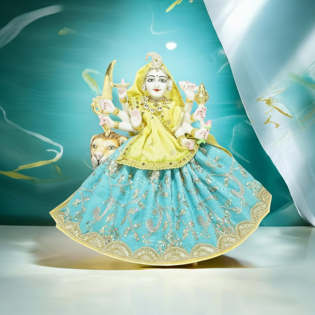 Durga Ji Sky Blue Yellow Embroidery Lace Work Dress
