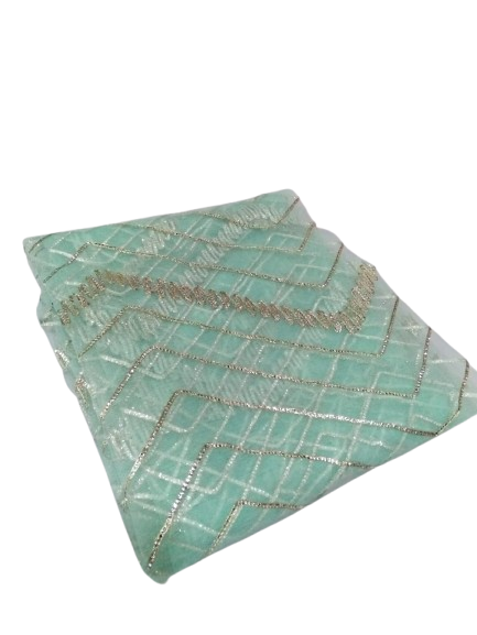 Seafoam Green Chevron Metallic Embroidered Net Fabric