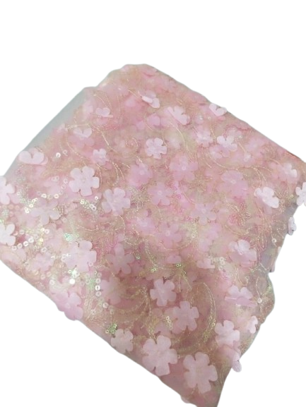 Pink Floral Applique Sequin Net Fabric