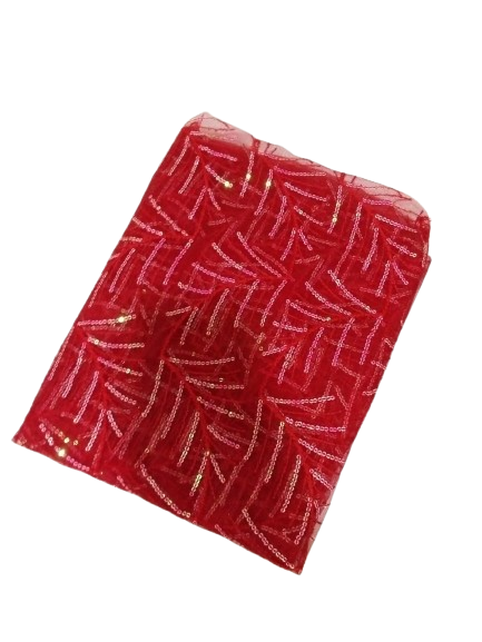 Crimson Radiance: Geometric Sequin Mesh Netting Fabric