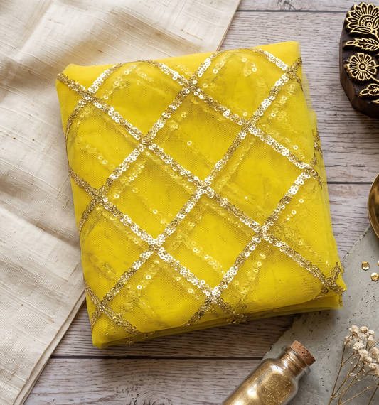 Yellow Mesh Fabric with Criss-Cross Gold Sequin Lines