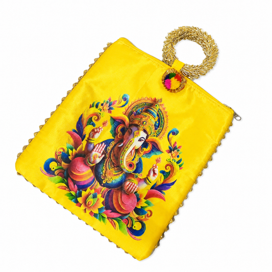 Shree Ganesha Print Yellow Satin Potli Clutch Bag with Golden Ring Handle