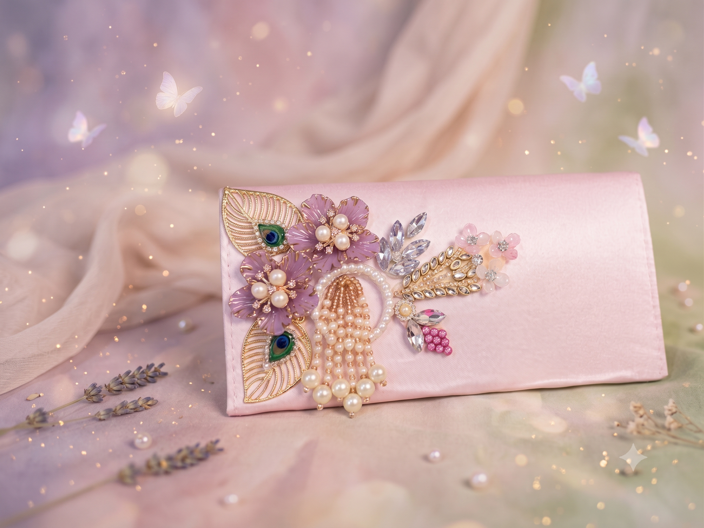 Lavender Blossom & Pearl Satin Clutch