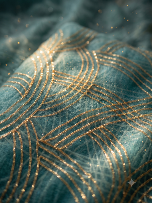 Sea Green Net Fabric with Gold Zari Work