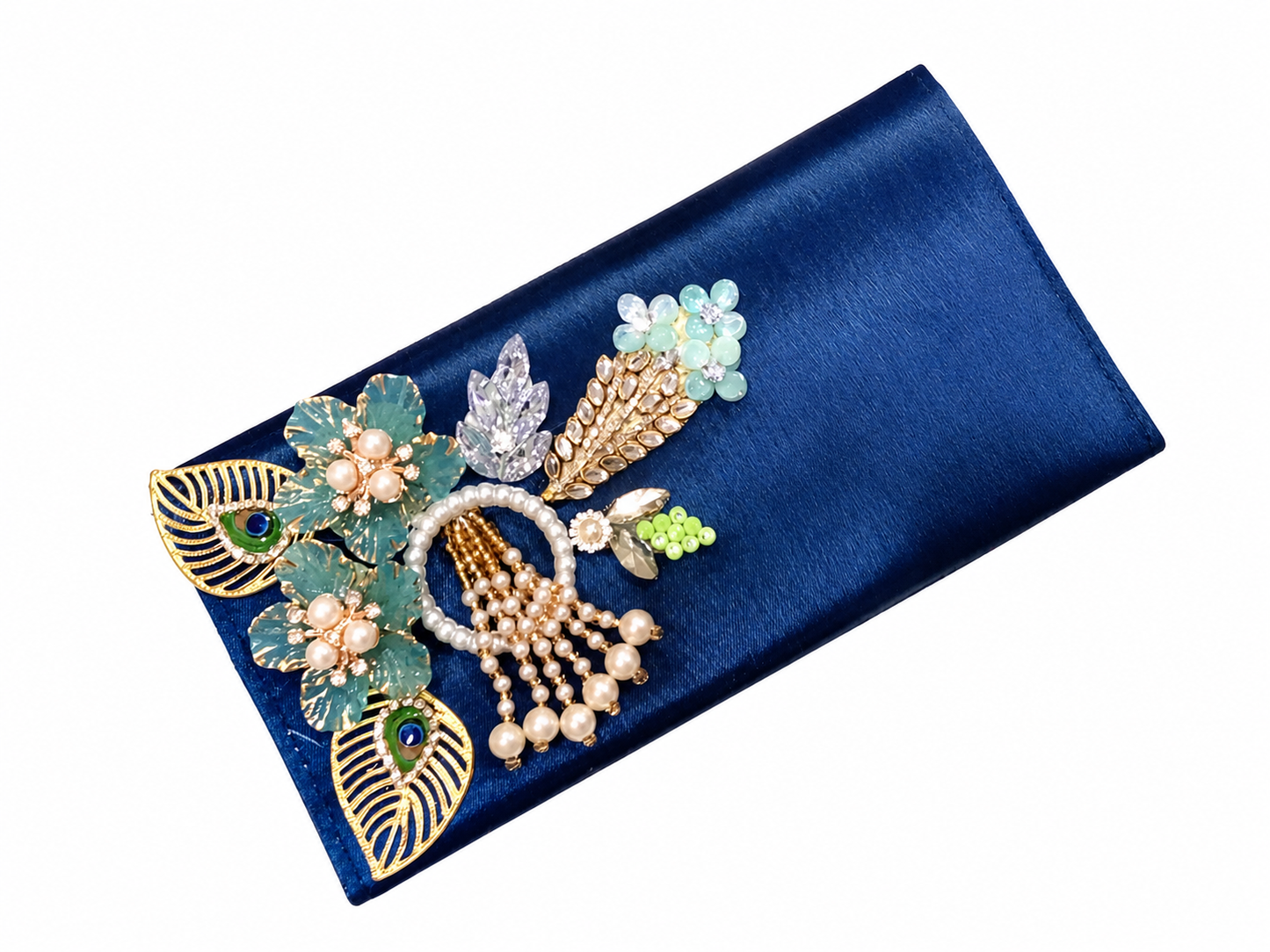 Royal Midnight Pearl & Seafoam Clutch Description