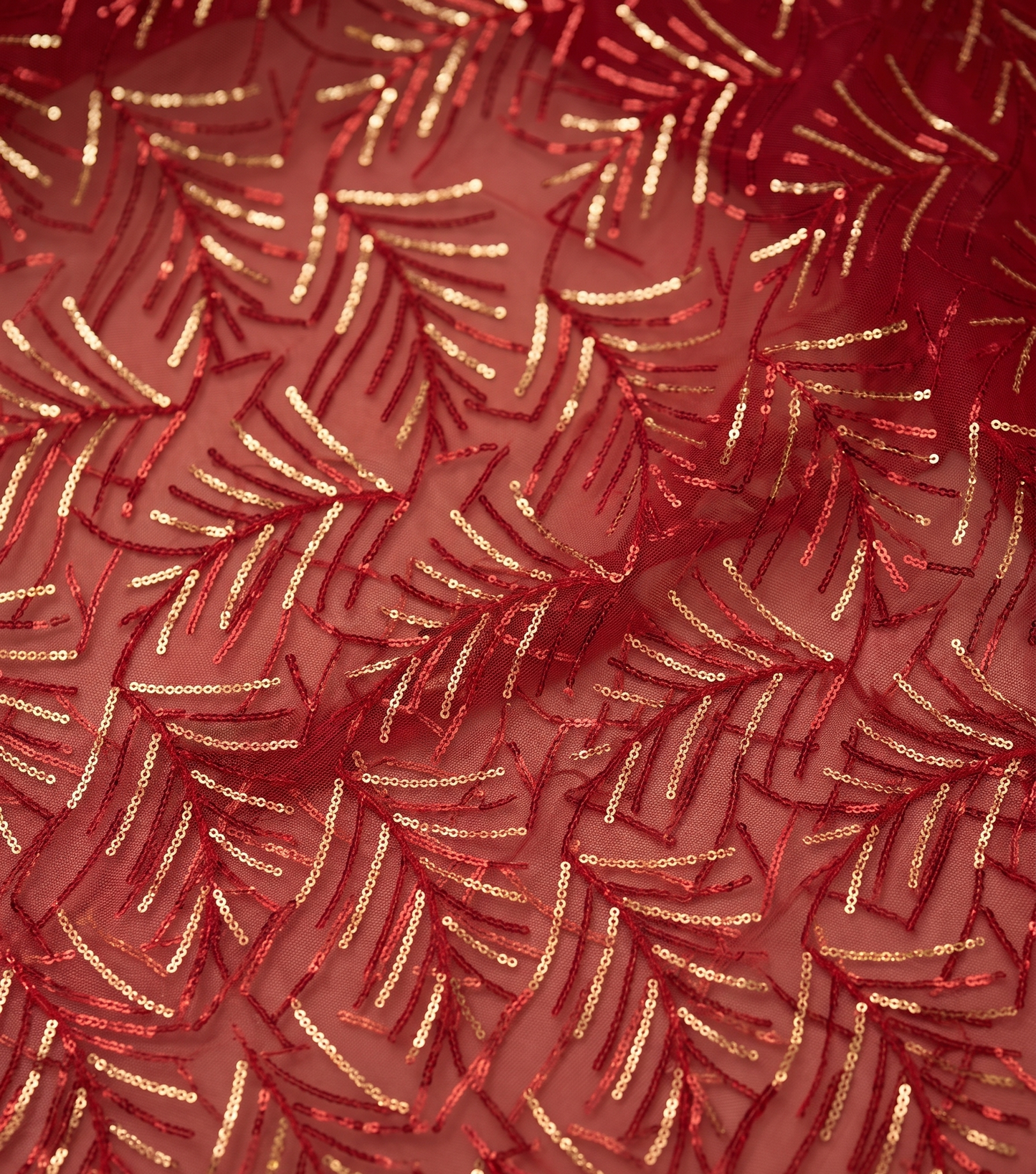Crimson Radiance: Geometric Sequin Mesh Netting Fabric