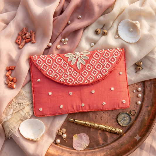 Red Pearl Embroidered Designer Clutch Purse | Handcrafted Beaded Evening Bag | Wedding & Party Wear