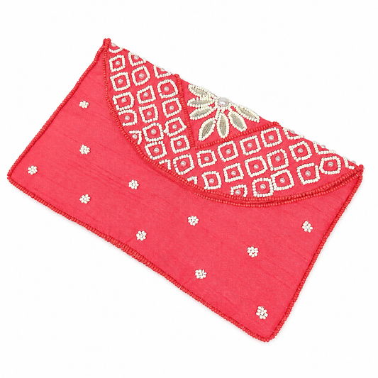 Red Pearl Embroidered Designer Clutch Purse | Handcrafted Beaded Evening Bag | Wedding & Party Wear