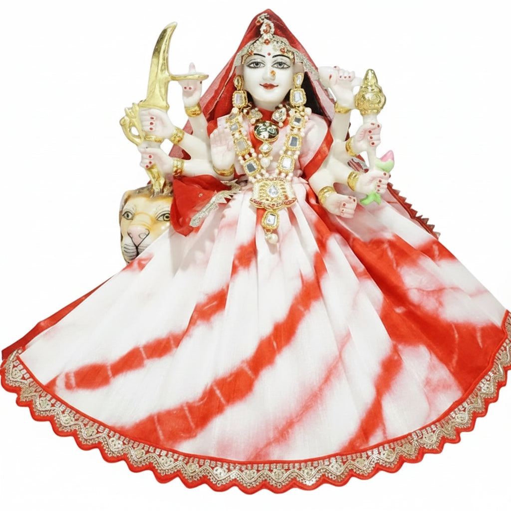 Durga Ji Red White Embroidery Lace Work Dress