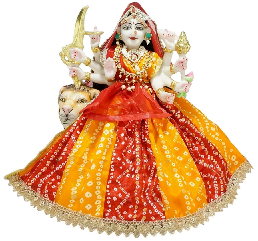 Durga Ji Red Yellow Bandhej Lace Work Dress